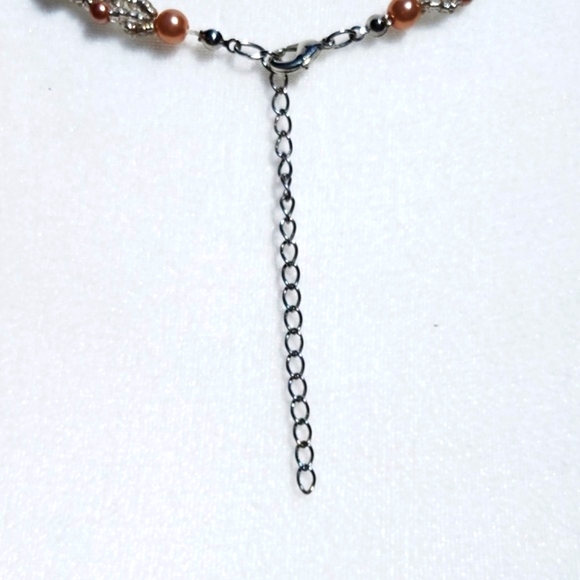 Seed bead braided necklace with faux pearl and amber colored acrylic beads - Picture 4 of 5
